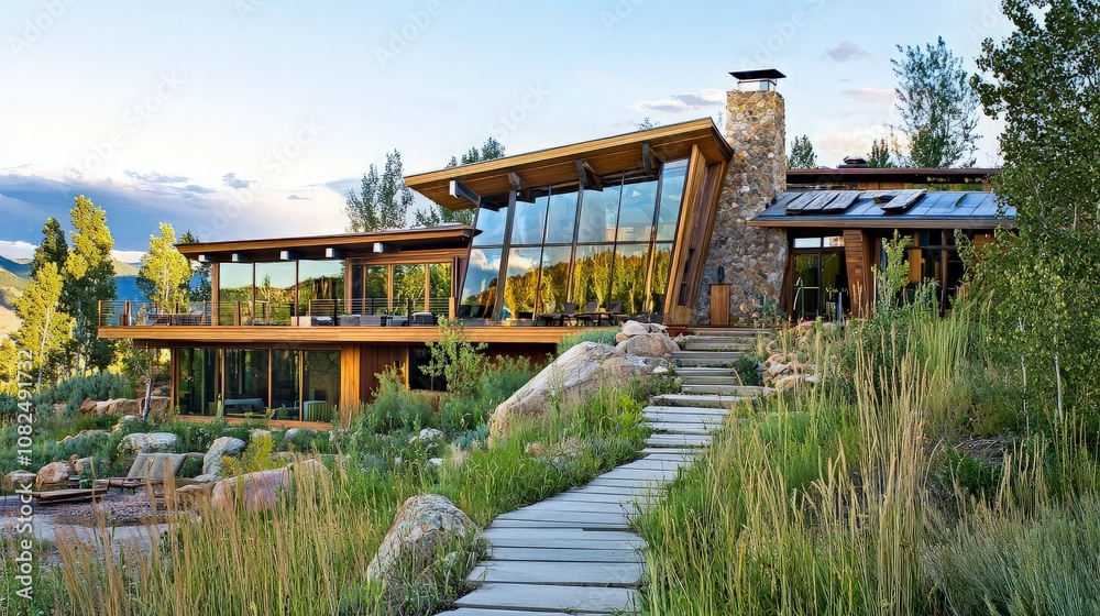Modern home with large windows, stone fireplace, and a path leading to the front door.