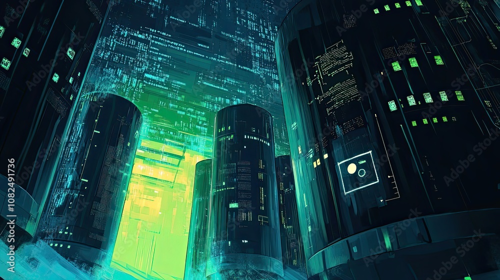 Fototapeta premium A futuristic city landscape with tall cylindrical buildings glowing with green digital patterns.