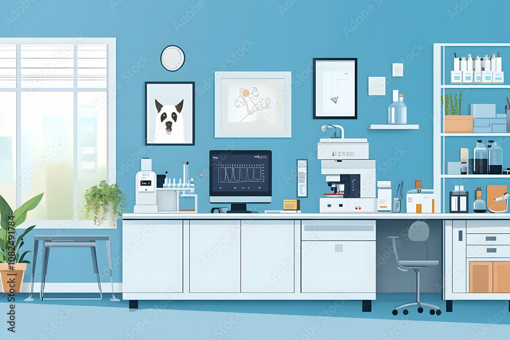 A sleek lab with equipment, vibrant art, and greenery invites exploration and innovation A sleek lab with equipment, vibrant art, and greenery invites exploration and innovation