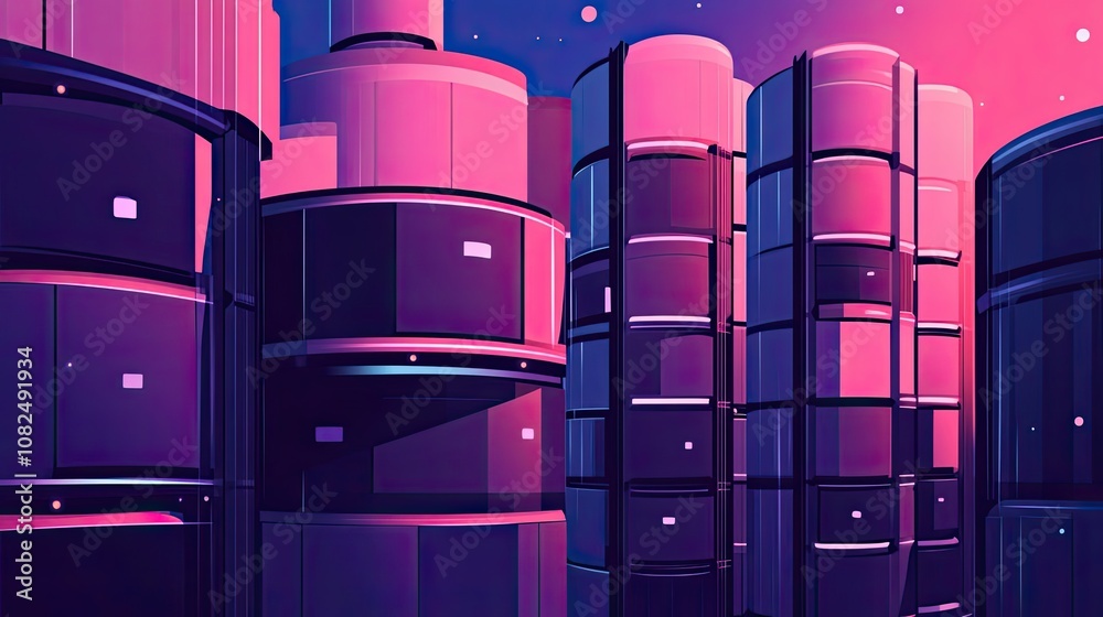 Futuristic Cityscape with Tall, Glowing Structures Futuristic Cityscape with Tall, Glowing Structures