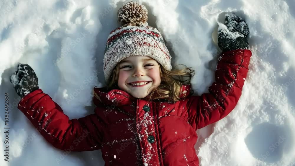 A joyful child enjoys a snowy winter day making a snow angel in a park, wearing a red coat and a cozy hat