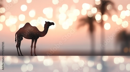 Silhouette of a camel against a blurred background of a desert sunset with palm trees. photo