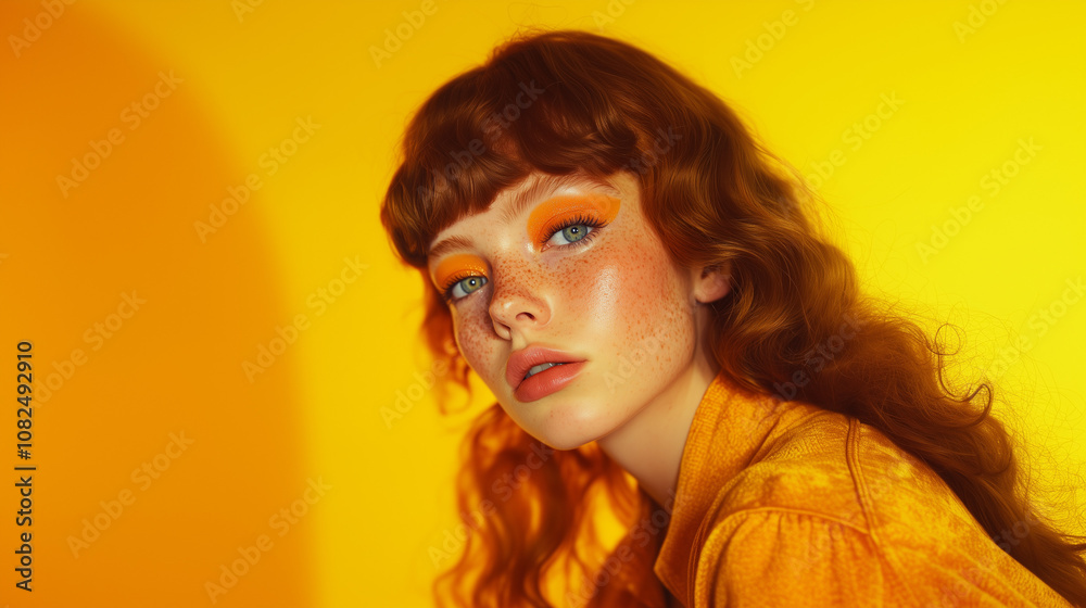 Retro 70s makeup with bold orange eyeshadow and freckles Retro 70s makeup with bold orange eyeshadow and freckles