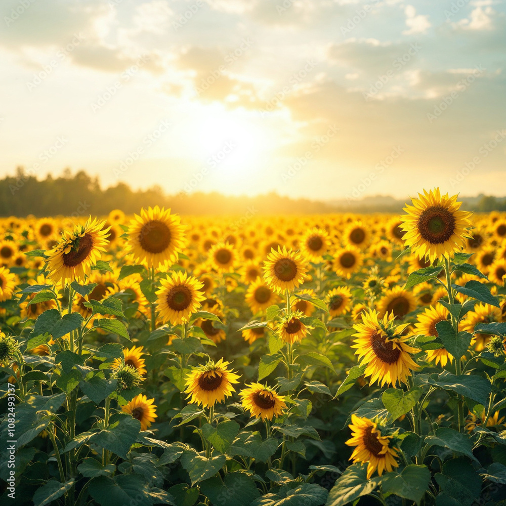 Fototapeta premium Concept photo of sunflowers field with space for text