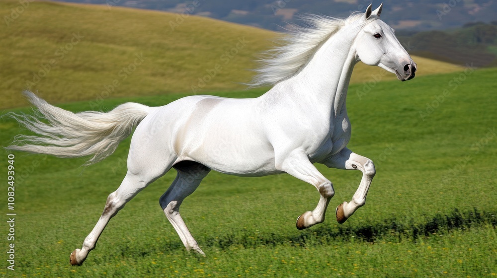 White Horse Galloping in Green Field White Horse Galloping in Green Field