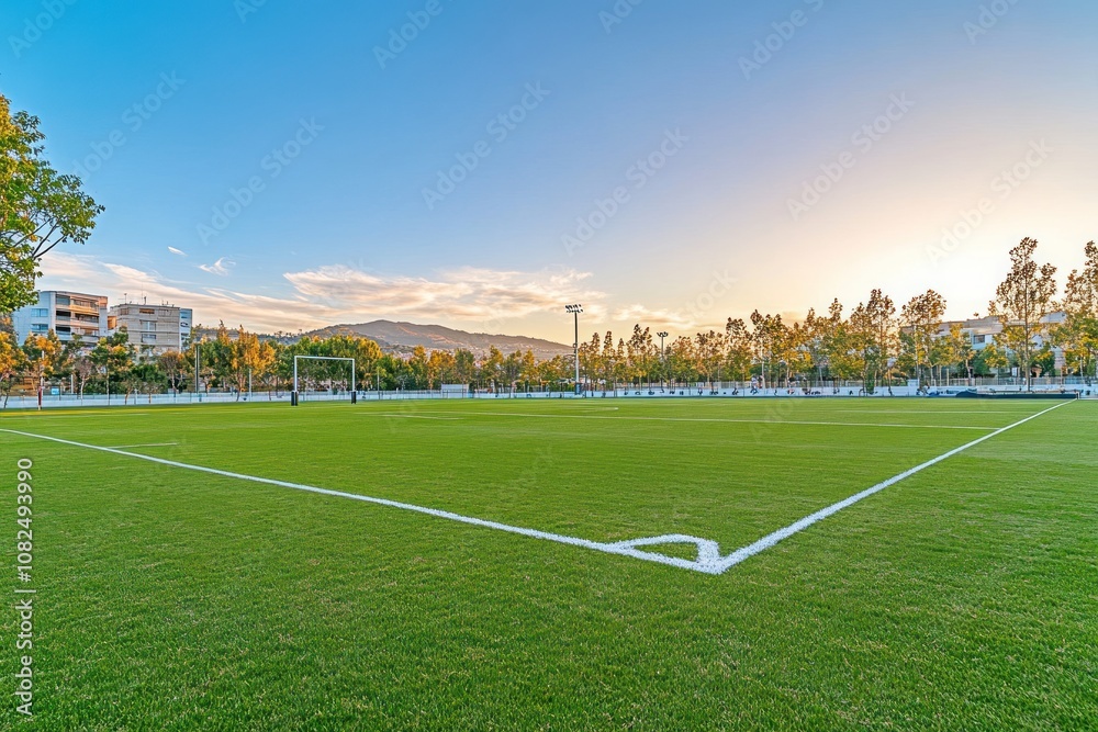 Fototapeta premium Empty soccer field with green grass and white lines under a blue sky.