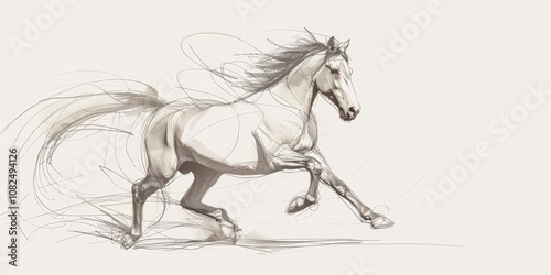 Drawing of a running horse with a flowing mane, isolated on a white background