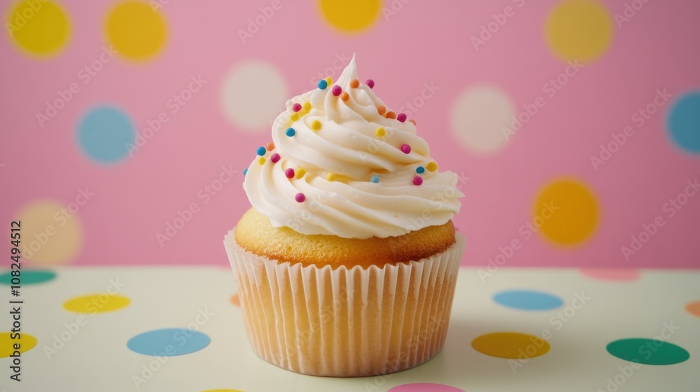 Vibrant Cupcake with Sprinkles and Pink Polka Dot Background Vibrant Cupcake with Sprinkles and Pink Polka Dot Background