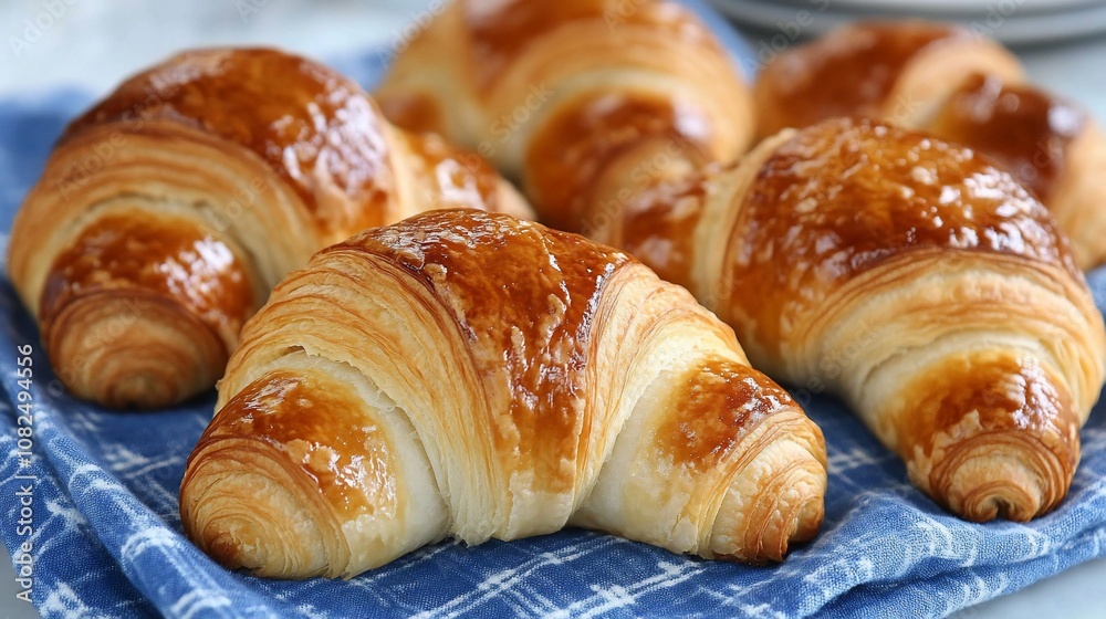 Close up of fresh, golden croissants on a blue and white checkered cloth. Close up of fresh, golden croissants on a blue and white checkered cloth.