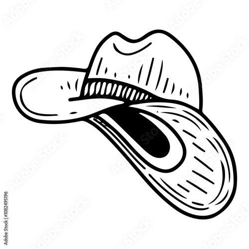 Cowboy hat hand drawn doodle. Wild west headdress. Felt clothing accessory. Western, rodeo. Ranch, farm. Leather cap with folded brim. Vector line art illustration.