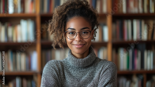 Confident and Knowledgeable: A young woman with a warm smile and intelligent eyes, radiating confidence and intelligence as she stands confidently in a library, surrounded by books.