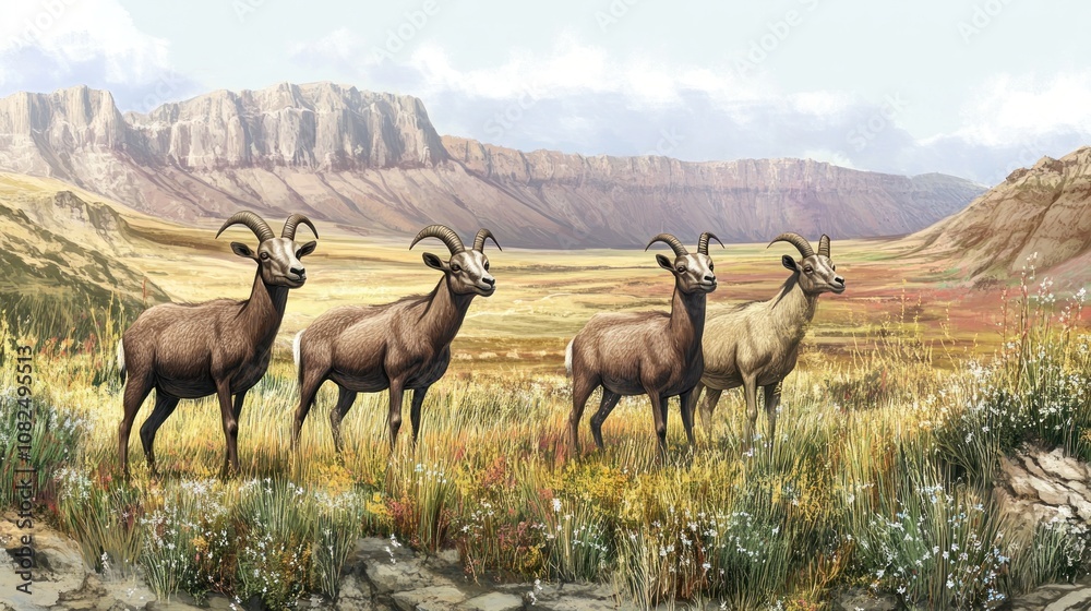 Four Mountain Goats in a Meadow Four Mountain Goats in a Meadow