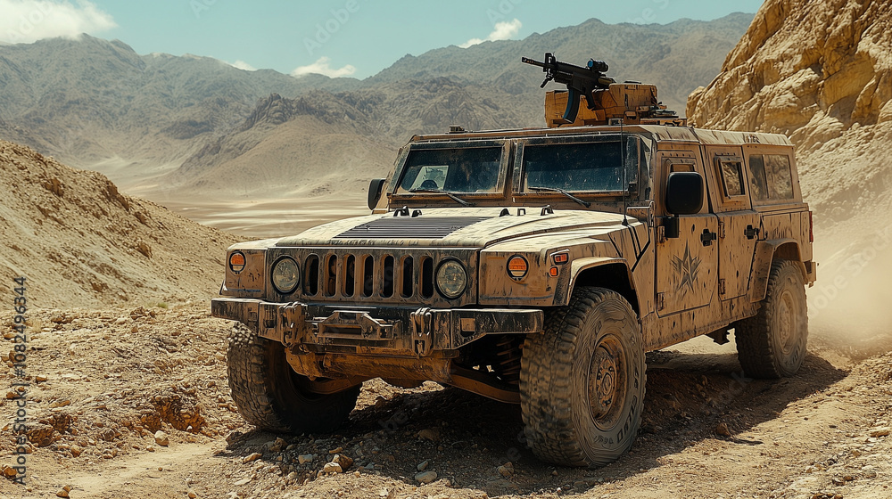 Military Humvee in Rugged Terrain: A camouflaged Humvee, rugged and powerful, navigates challenging terrain in a desolate desert landscape, capturing the essence of military strength and resilience.