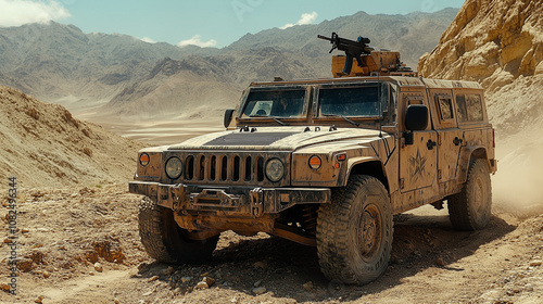 Obraz na płótnie Military Humvee in Rugged Terrain: A camouflaged Humvee, rugged and powerful, navigates challenging terrain in a desolate desert landscape, capturing the essence of military strength and resilience. w salonie