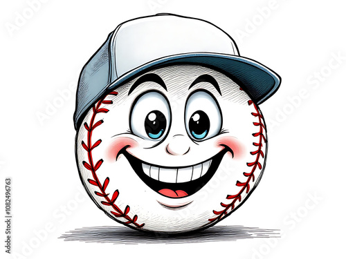 Clip art of a Baseball with a wide, excited expression wearing a classic baseball cap.