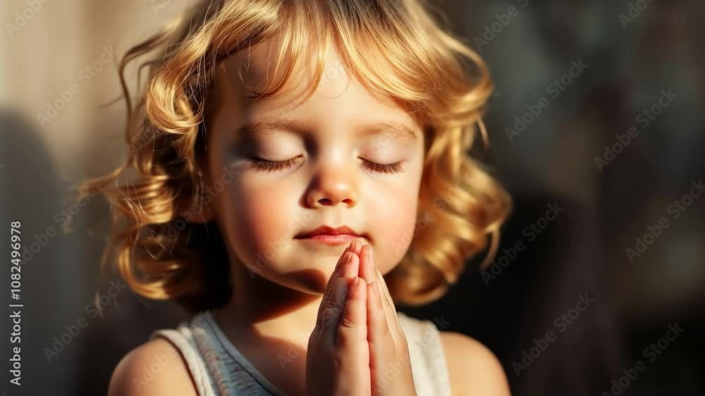 A young child with curly hair peacefully praying outside during golden hour, surrounded by soft natural light A young child with curly hair peacefully praying outside during golden hour, surrounded by soft natural light