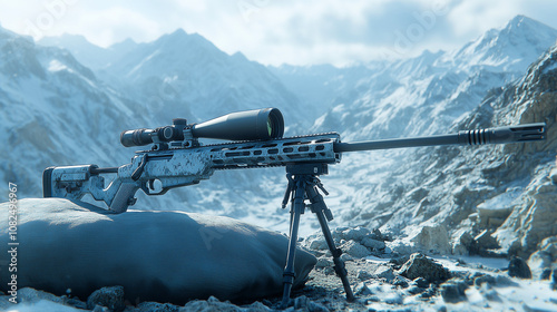 Arctic Sniper Rifle: A high-powered sniper rifle rests on a sandbag in a snowy mountain range, showcasing its precision engineering and tactical readiness. The image captures the cold. photo