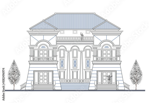 Facade of 3 storeys symmetrical modern classic house with 4 doors, 6 windows, long balustrade, frame, 6 columns, decoration, railing, canopy, crowns, veranda and triangular roof.