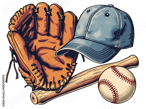 Vintage-style clip art set of baseball equipment.