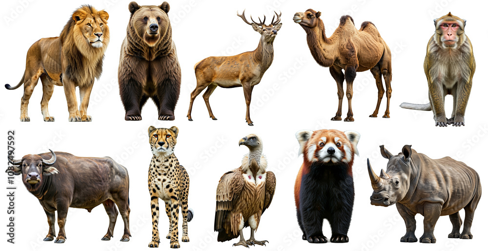 Fototapeta premium This image showcases a collection of highly detailed, realistic illustrations of various wild animals, including lions, bears, deer, camels, and more. Each animal appears with vivid textures 