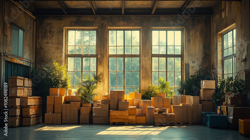 Warehouse Sunlight: A sunbeam slices through the dusty windows of a spacious industrial warehouse.