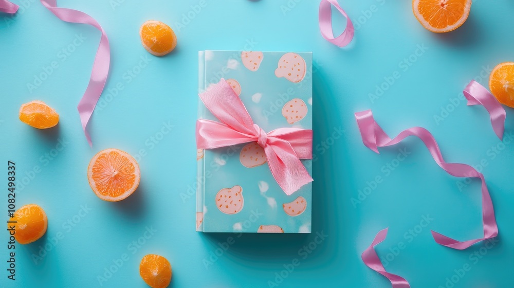 Gift Box with Orange Slices and Pink Ribbons on Turquoise Background Gift Box with Orange Slices and Pink Ribbons on Turquoise Background