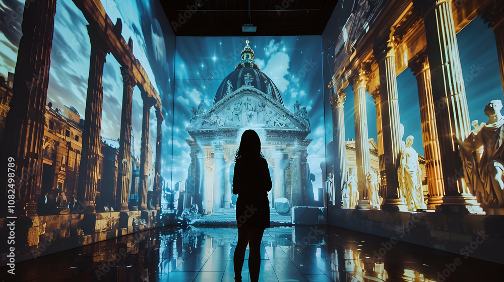 A silhouette stands before immersive digital projections of classical architecture. A silhouette stands before immersive digital projections of classical architecture.