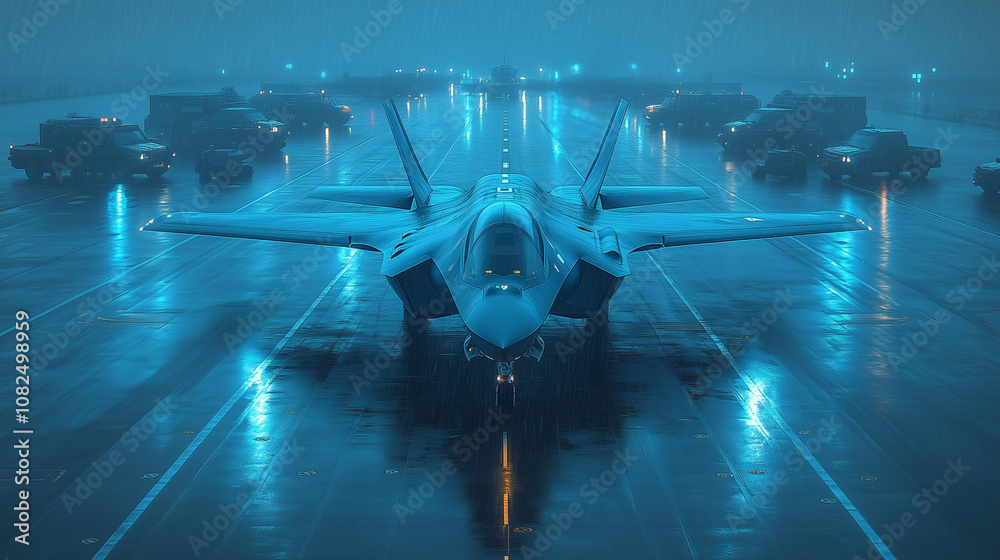 F-35 Lightning II Stealth Fighter Jet on the Runway: A powerful and imposing F-35 Lightning II stealth fighter jet stands ready for takeoff on a misty runway, surrounded by support vehicles.