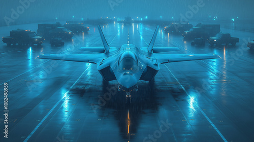 Obraz na płótnie F-35 Lightning II Stealth Fighter Jet on the Runway: A powerful and imposing F-35 Lightning II stealth fighter jet stands ready for takeoff on a misty runway, surrounded by support vehicles. w salonie