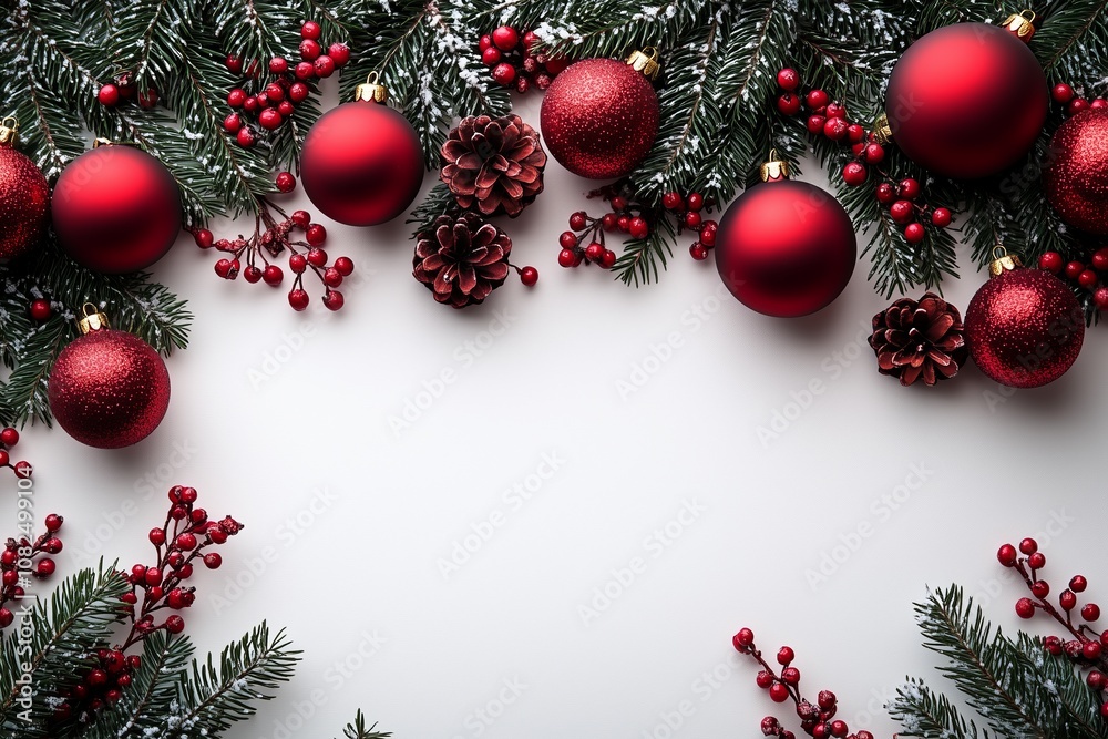 Top view of red empty sheet of paper and Christmas red decorations. Flat lay mockup for design and text. New year celebration concept. Copy space. Top view of red empty sheet of paper and Christmas red decorations. Flat lay mockup for design and text. New year celebration concept. Copy space.