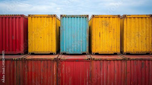 Colorful Cargo Containers: A vibrant row of shipping containers in red, yellow, and blue hues stand tall against a cloudy sky, symbolizing global trade and logistics. photo