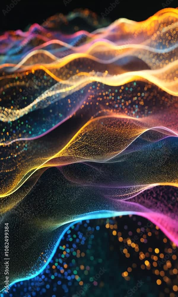 Abstract waves of colorful particles creating a dynamic visual effect. Abstract waves of colorful particles creating a dynamic visual effect.
