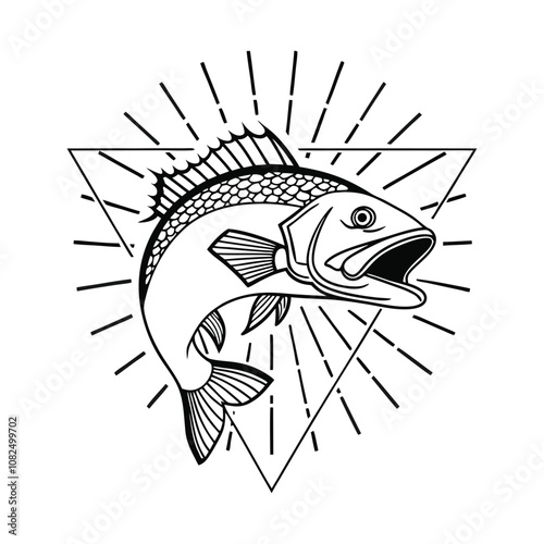 mackerel fish design, labeled line and fill art vector silhouette illustration.