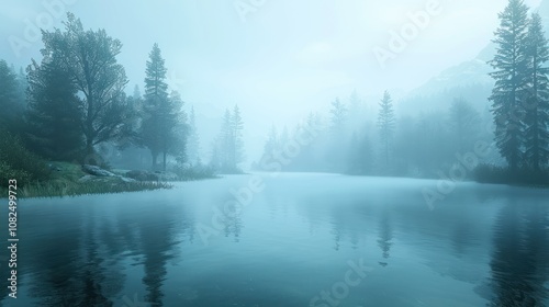 Misty morning scene with a calm lake, trees and mountains in the background.