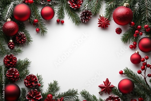 Top view of red empty sheet of paper and Christmas red decorations. Flat lay mockup for design and text. New year celebration concept. Copy space. 