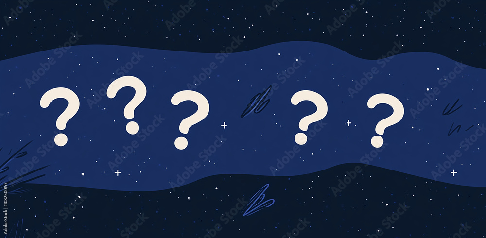 Five white question marks are floating in a starry night sky, representing the many mysteries of the universe