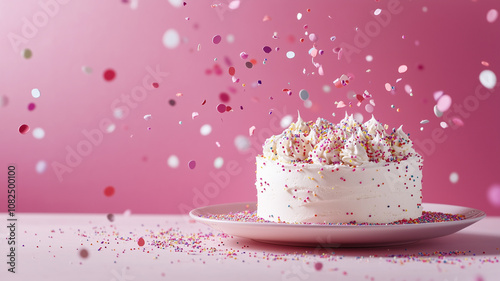 Party Cake with Colorful Confetti and Pink Background