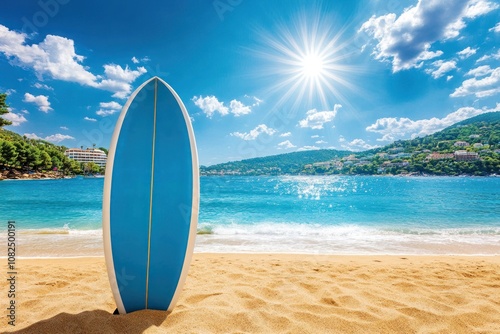 A surfboard standing upright in the sand on a beach with blue water, a bright sun in the sky, and a green hilly coastline in the distance.
