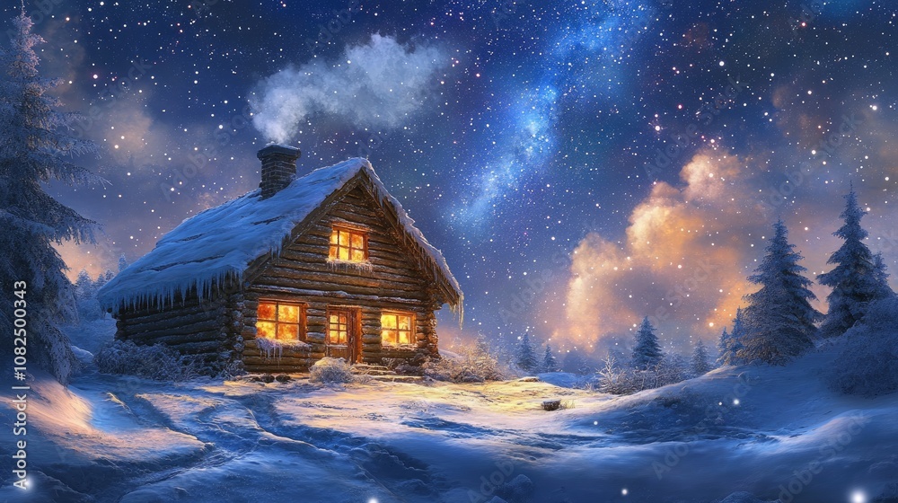 A log cabin surrounded by snow, its windows glowing warmly, set against a starry winter night sky A log cabin surrounded by snow, its windows glowing warmly, set against a starry winter night sky
