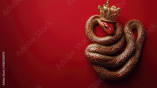 A majestic snake coiled around a golden crown, symbolizing royalty and prosperity for the Chinese New Year, set against a rich red background 