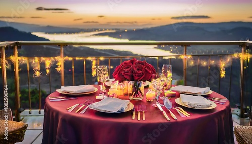 A beautifully set Valentine’s Day table on a secluded balcony, overlooking a breathtaking mountain sunset, perfect for an intimate celebration. photo