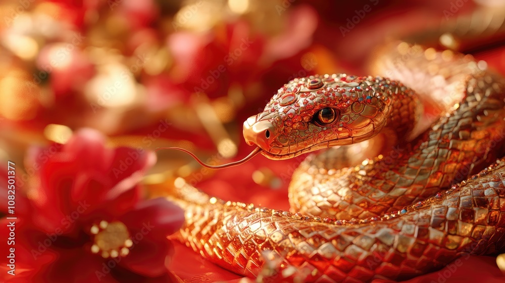 A regal Chinese New Year scene with a snake adorned in royal jewels, slithering through a luxurious red and gold setting A regal Chinese New Year scene with a snake adorned in royal jewels, slithering through a luxurious red and gold setting