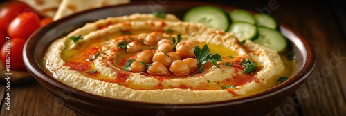 Lebanese Hummus with Olive Oil Swirl, Warm Pita, Fresh Veggies, and Rustic Background
