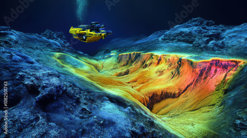 marine ROV exploring vibrant underwater canyon with colorful formations and textures, showcasing beauty of deep sea environments