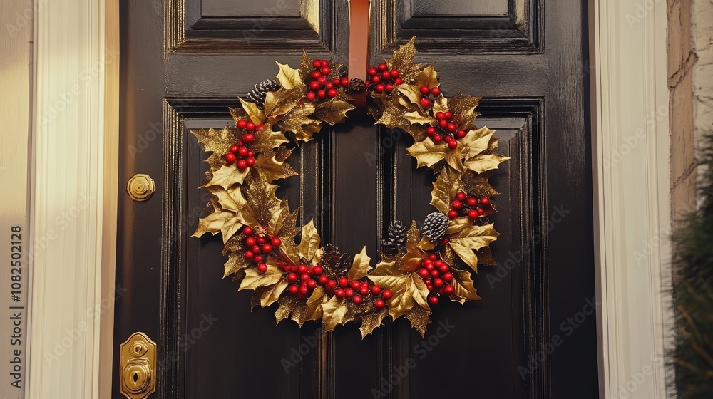 Fototapeta premium A wreath made of gold leaves and red berries hanging on a front door, welcoming guests with holiday cheer