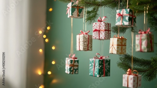 A whimsical Advent calendar with little gift boxes hanging on a wall, waiting to be opened as part of a Christmas countdown