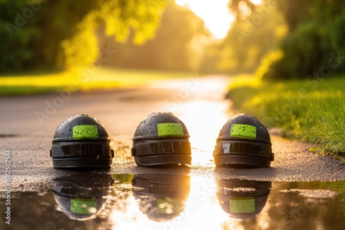 Three black helmets with green numbers on them sit in a puddle on a paved road at sunset. photo