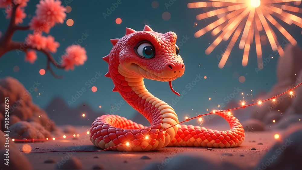 A vibrant, animated snake surrounded by sparkling lights and festive fireworks in a magical landscape. A vibrant, animated snake surrounded by sparkling lights and festive fireworks in a magical landscape.