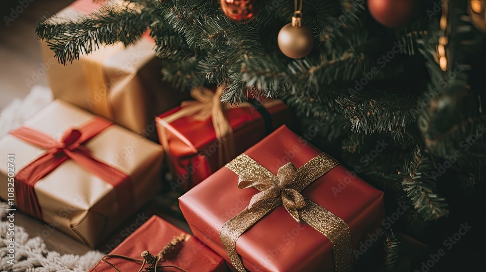 Gold and red wrapped presents placed under a Christmas tree, adding to the luxurious holiday decor Gold and red wrapped presents placed under a Christmas tree, adding to the luxurious holiday decor