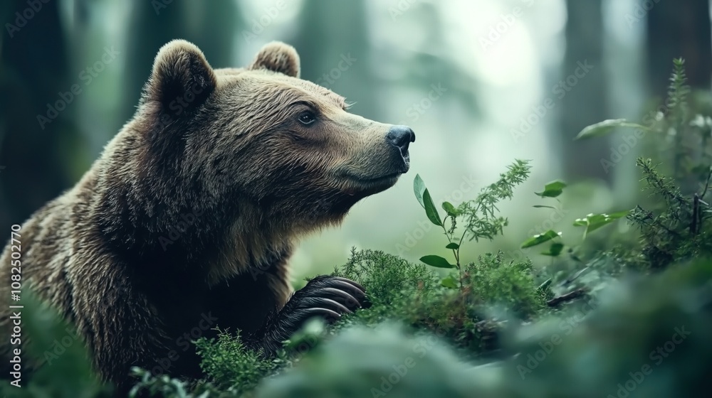 Obraz premium Close-up of a brown bear in a lush green forest, surrounded by foliage and greenery, with a detailed focus on its face and fur, showing a serene natural setting.